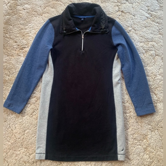 EUC NAUTICA PULLOVER ZIP FRONT SWEATSHIRT DRESS IN BLUE/GRAY/BLACK WOMENS SIZE M - Picture 4 of 14